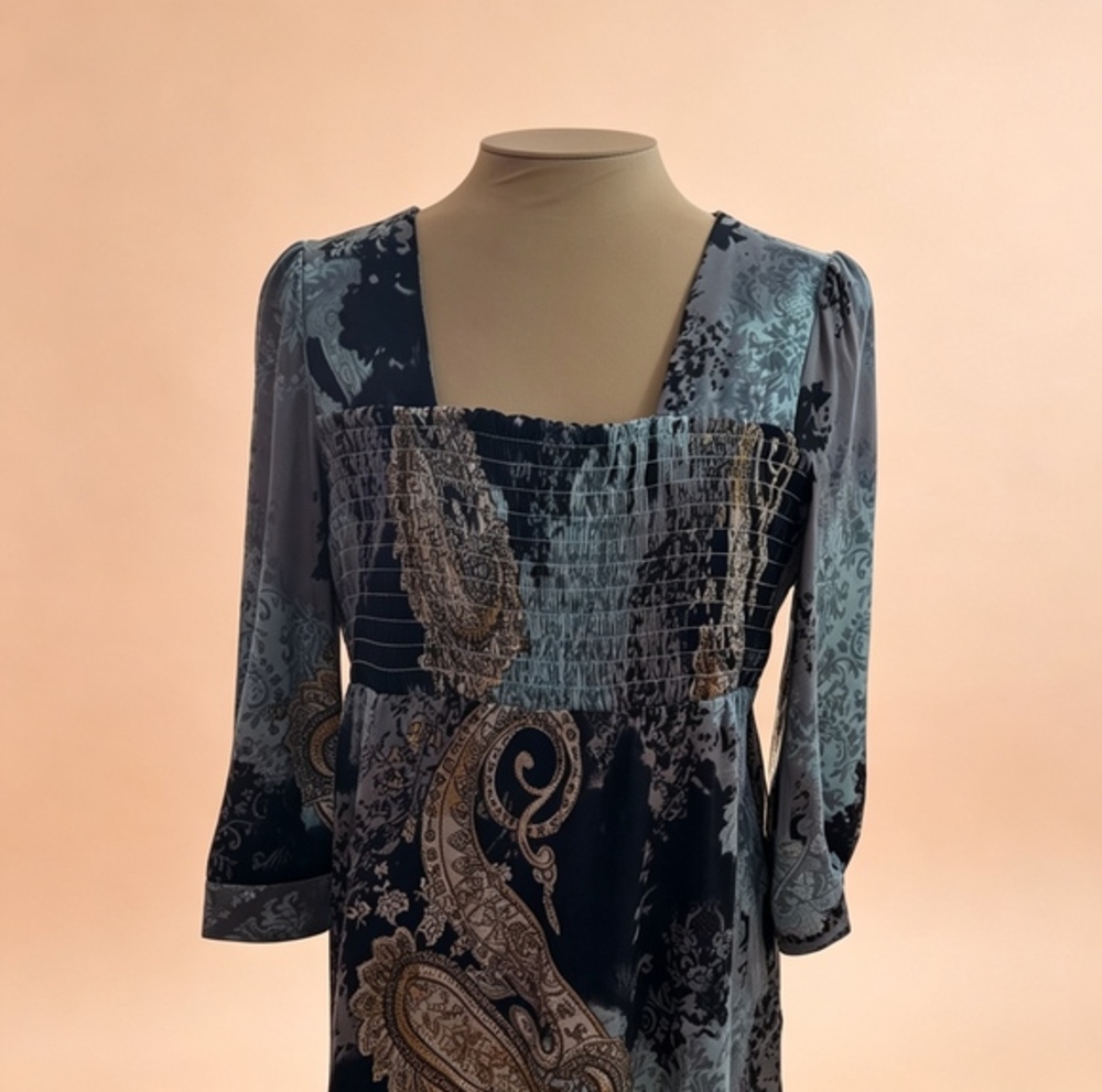 Paisley Smocked Square-Neck Tunic in Teal and Black